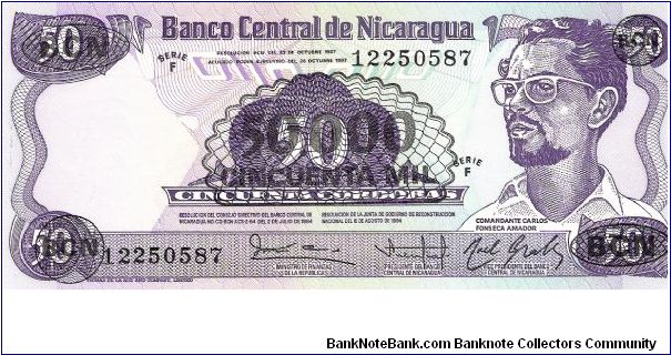 Nicaragua, 50.000 Cordobas 1987 over 50 Cordobas (1984) banknote Banknote