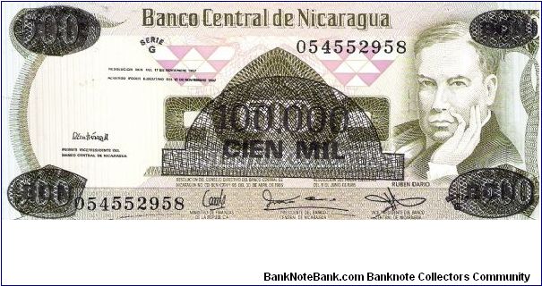 Nicaragua, 100.000 Cordobas 1987 over 500 Cordobas (1985) banknote Banknote