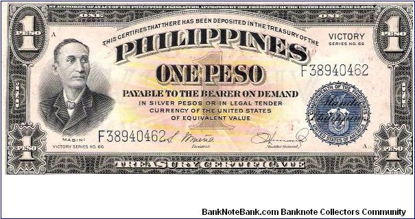 Very rare Philippines, 1 silver Peso 1922 during United States occupation. 

Obverse: portrait of Apolinario Mabini, seal of the Philippine-American Commonwealth with overprint: Manila, Philippines 
Reverse: One Philippine Peso with Central Bank VICTORY of the Philippines overprint 


Text reads: By authority of an act of the Philippine Legislature, approved by the President of the United States June 13, 1922; This certifies that there has been deposited in the treasury of the; Philippines Banknote