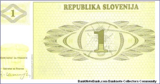 Slovenia, 1 Tolar 1990 (Triglav mountain ridge; bee-hive) Banknote