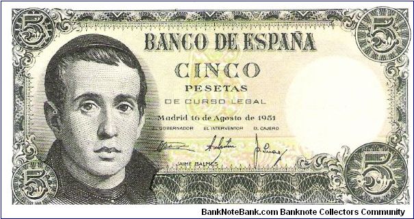 Spain, 5 pesetas 1951, (Jaime Balmes and castle) radar series you can read the same number from left to right or right to left. Interesting serial number. Banknote