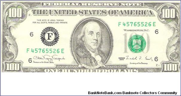 United States of America 100 Dollars 1990 (Benjamin Franklin; Independence Hall) Banknote