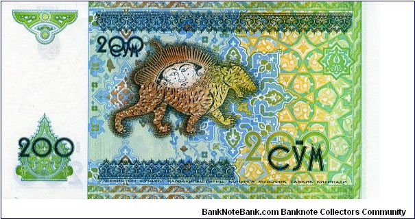 200 Sum
Green/Yellow/Blue/Brown/Red
Sunface over mythological tiger
Coat of Arms
Watermark Coat of arms Banknote