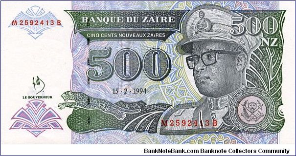 15.2.1994
500 Nou Zaires
Purple/Olive
Sig #10
Leopard & Mobutu
Modern buildings Banknote