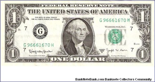 Federal Reserve Note; 1 dollar; Series 1963B (Granahan/Barr)

Serving under Johnson from 12/21/68 to 1/20/69, Joseph Barr had the shortest term of any Treasury Secretary in US history.

Found in circulation! Banknote