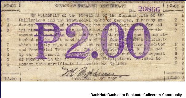 S-165 RARE Cagayan 2 Pesos Emergency Treasury Certificate with Internal Revenue stamp. Banknote