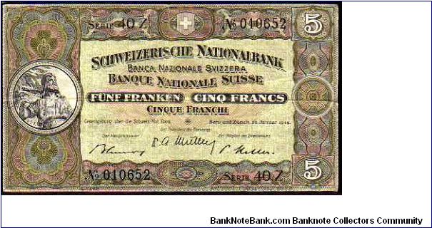 5 Franken / Francs / Franchi__
Pk 11 n (3)__
signatures: Müller / Keller / Blumer
__20-01-1949
 Banknote