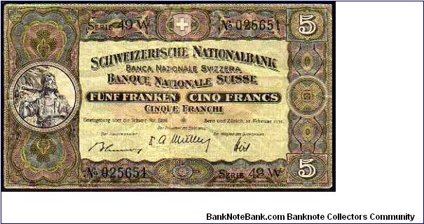 5 Franken / Francs / Franchi__
pk# 11 o (1)__
22-02-1951__
signatures: Müller / Hirs / Blumer

 Banknote