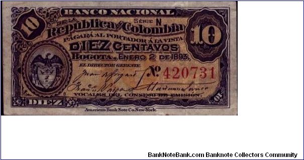 Colombia, 10 centavos 1893. Banknote