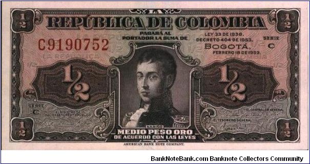 Colombia, medio peso (helf peso) 1953. Banknote