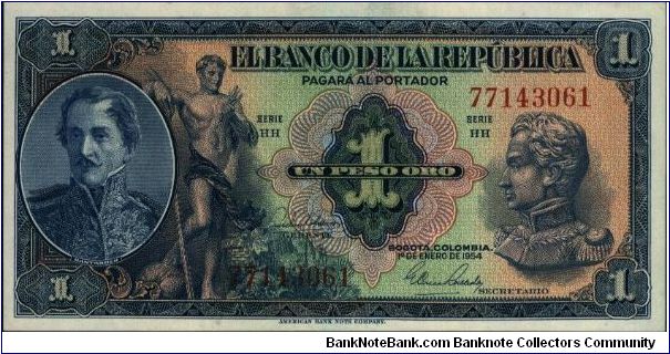 Colombia, 1 peso 1954 Banknote