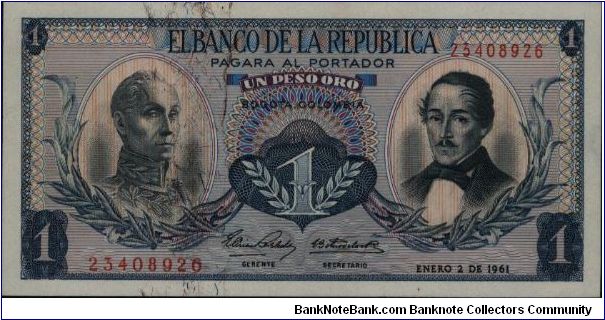 Colombia, 1 peso January 02 1961.

Simón Bolívar at l. Gen Francisco de Paula Santander at r. Liberty head, Condor & waterfall on rvs. Banknote