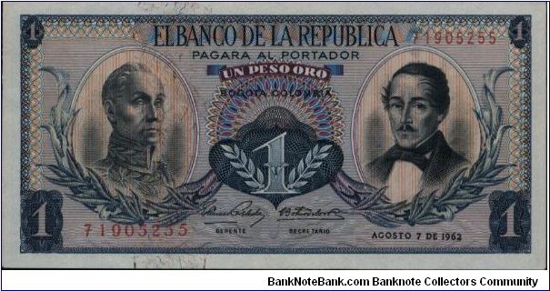 Colombia, 1 peso August 07 1962

Simón Bolívar at l. Gen Francisco de Paula Santander at r. Liberty head, Condor & waterfall on rvs. Banknote