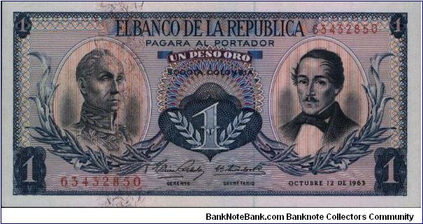Colombia, 1 peso October 12 1963 

Simón Bolívar at l. Gen Francisco de Paula Santander at r. Liberty head, Condor & waterfall on rvs. 

Consecutive banknote Banknote