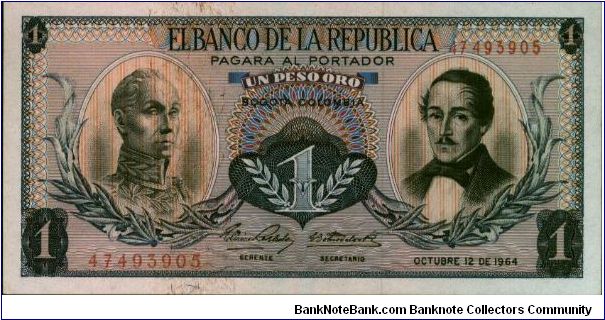 Colombia, 1 peso October 12 1964.

Simón Bolívar at l. Gen Francisco de Paula Santander at r. Liberty head, Condor & waterfall on rvs. Banknote