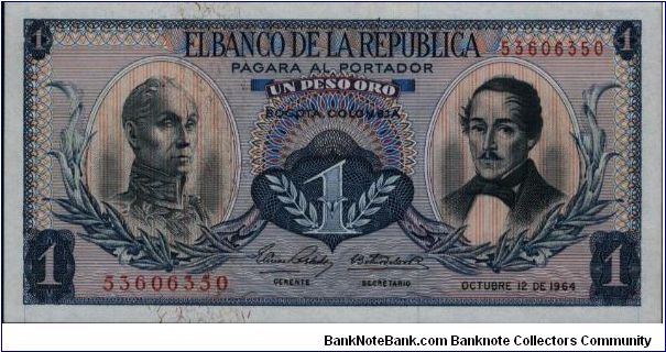 Colombia, 1 peso peso October 12 1964.

Simón Bolívar at l. Gen Francisco de Paula Santander at r. Liberty head, Condor & waterfall on rvs. Banknote