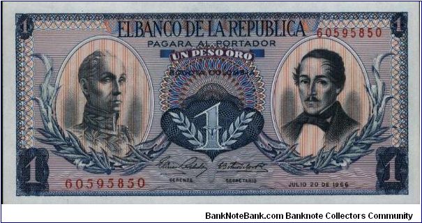 Colombia, 1 peso July 20 1966.

Simón Bolívar at l. Gen Francisco de Paula Santander at r. Liberty head, Condor & waterfall on rvs.

without security thread Banknote