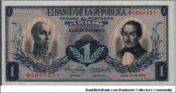 Colombia, 1 peso July 20 1966.

Simón Bolívar at l. Gen Francisco de Paula Santander at r. Liberty head, Condor & waterfall on rvs.

without security thread Banknote