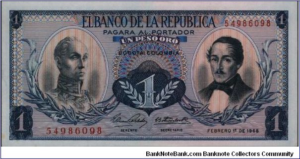 Colombia, 1 peso February 01 1968.

Simón Bolívar at l. Gen Francisco de Paula Santander at r. Liberty head, Condor & waterfall on rvs. Banknote