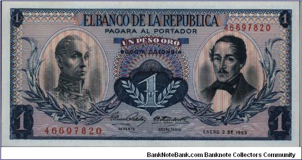 Colombia, 1 peso January 02 1969.

Simón Bolívar at l. Gen Francisco de Paula Santander at r. Liberty head, Condor & waterfall on rvs. Banknote