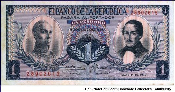 Colombia, 1 peso May 01 1970.

Simón Bolívar at l. Gen Francisco de Paula Santander at r. Liberty head, Condor & waterfall on rvs. Banknote