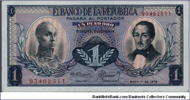 Colombia, 1 peso May 01 1970.

Simón Bolívar at l. Gen Francisco de Paula Santander at r. Liberty head, Condor & waterfall on rvs. Banknote