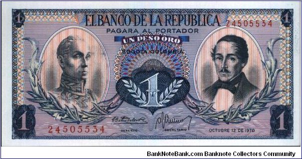 Colombia, 1 peso October 12 1970.

Simón Bolívar at l. Gen Francisco de Paula Santander at r. Liberty head, Condor & waterfall on rvs. Banknote