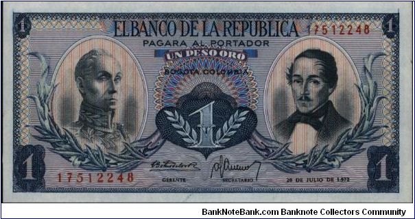 Colombia, 1 peso July 20 1972.

Simón Bolívar at l. Gen Francisco de Paula Santander at r. Liberty head, Condor & waterfall on rvs. Banknote