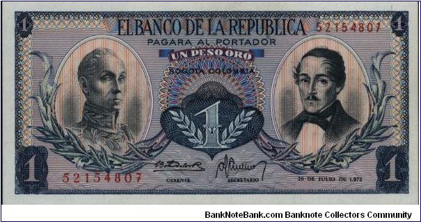 Colombia, 1 peso July 20 1972.

Simón Bolívar at l. Gen Francisco de Paula Santander at r. Liberty head, Condor & waterfall on rvs. Banknote