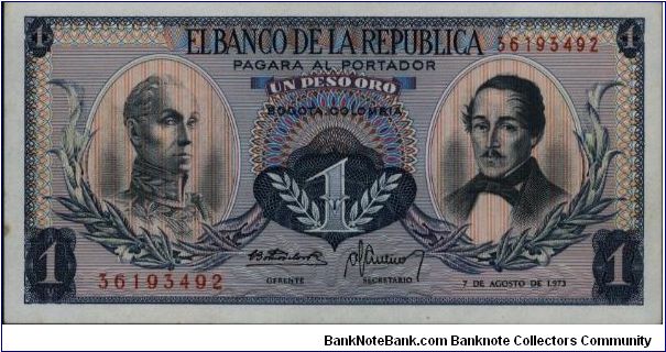 Colombia, 1 peso August 07 1973.

Simón Bolívar at l. Gen Francisco de Paula Santander at r. Liberty head, Condor & waterfall on rvs. Banknote