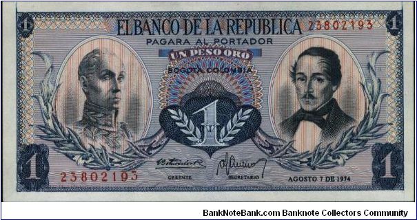 Colombia, 1 peso August 07 1974.

Simón Bolívar at l. Gen Francisco de Paula Santander at r. Liberty head, Condor & waterfall on rvs. Banknote