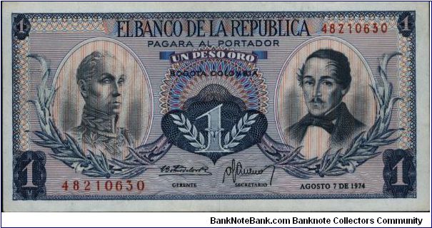 Colombia, 1 peso August 07 1974.

Simón Bolívar at l. Gen Francisco de Paula Santander at r. Liberty head, Condor & waterfall on rvs. Banknote