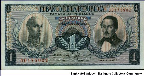 Colombia, 1 peso January 01 1977.

Simón Bolívar at l. Gen Francisco de Paula Santander at r. Liberty head, Condor & waterfall on rvs. Banknote