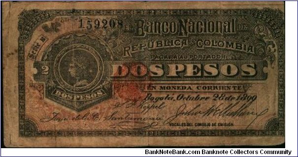 Colombia, 2 pesos, October 28 1899. Banco Nacional de la República de Colombia (Litografía Nacional) First edition Banknote