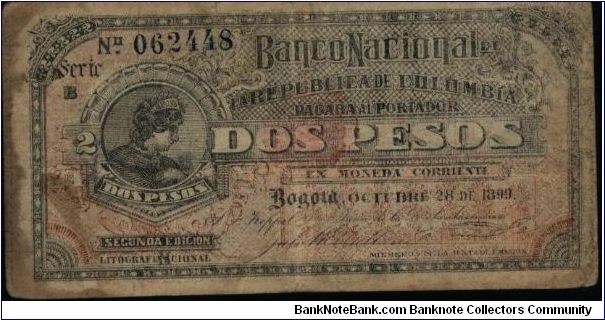 Colombia, 2 pesos, October 28 1899. Banco Nacional de la República de Colombia (Litografía Nacional) Second edition 

Cutting error Banknote