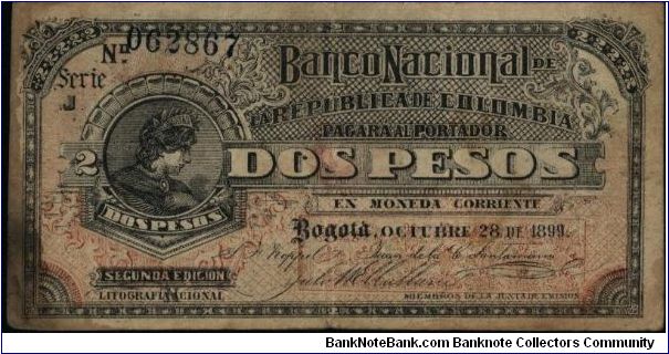 Colombia, 2 pesos, October 28 1899. Banco Nacional de la República de Colombia (Litografía Nacional) Second edition Banknote