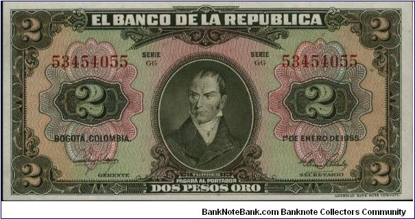 Colombia, 2 pesos January 01 1955. American Bank Note Company Banknote