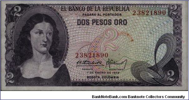 Colombia, 2 pesos January 01 1972.

Policarpa Salavarietta.at left. El Dorado from the Gold Museum on reverse. Banknote