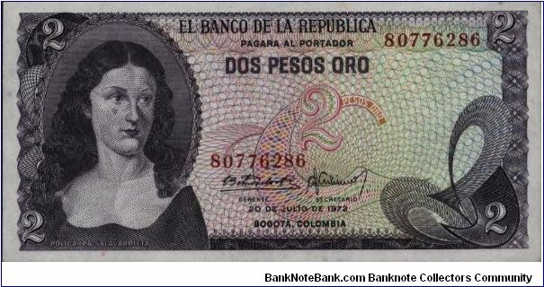 Colombia, 2 pesos July 20 1972.

Policarpa Salavarietta.at left. El Dorado from the Gold Museum on reverse. Banknote