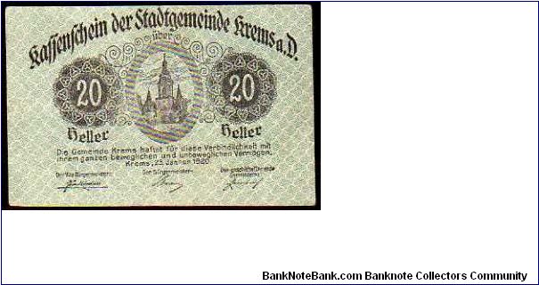 *NOTGELD*__


20 Heller__

Pk NL__

31-August-1920
 Banknote