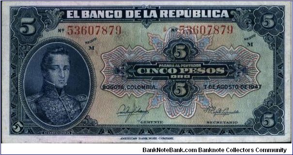Colombia, 5 pesos August 07 1947 Banknote