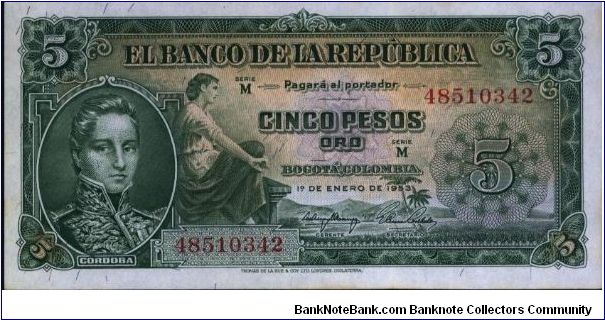 Colombia, 5 pesos January 01 1953 Banknote