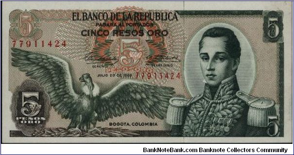 Colombia 5 pesos July 20 1963 

Condor at left. Jose Maria Corboba at right. Fortress at Cartagena on reverse. Banknote