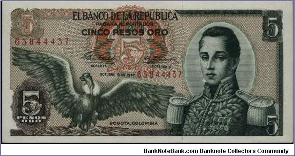 Colombia 5 pesos October 12 1967 

Condor at left. Jose Maria Corboba at right. Fortress at Cartagena on reverse. Banknote