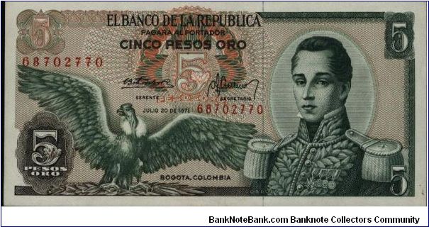 Colombia 5 pesos July 20 1971 

Condor at left. Jose Maria Corboba at right. Fortress at Cartagena on reverse. Banknote