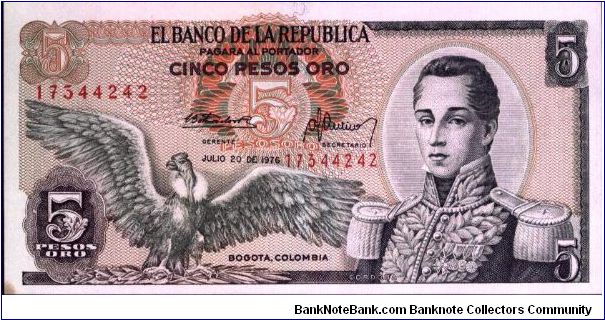 Colombia 5 pesos July 20 1976 

Condor at left. Jose Maria Corboba at right. Fortress at Cartagena on reverse. Banknote