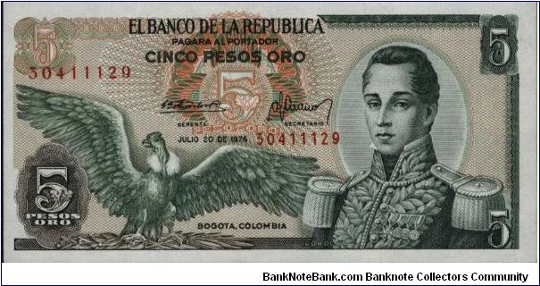 Colombia 5 pesos July 20 1976 

Condor at left. Jose Maria Corboba at right. Fortress at Cartagena on reverse. Banknote