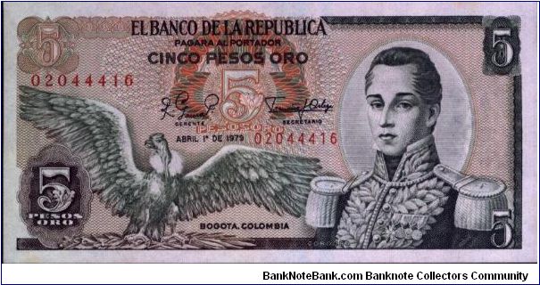 Colombia 5 pesos April 01 1979 

Condor at left. Jose Maria Corboba at right. Fortress at Cartagena on reverse.

Consecutive note Banknote