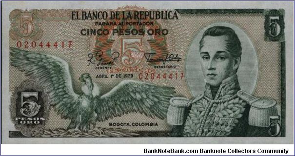 Colombia 5 pesos April 01 1979 

Condor at left. Jose Maria Corboba at right. Fortress at Cartagena on reverse. 

Consecutive note Banknote