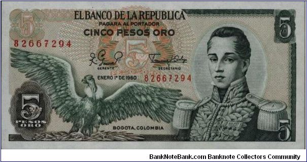 Colombia 5 pesos January 01 1980 

Condor at left. Jose Maria Corboba at right. Fortress at Cartagena on reverse. Banknote